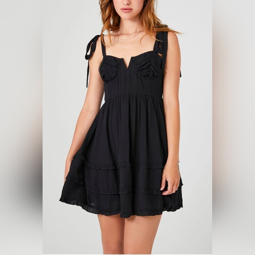 Black Tie-Shoulder Tiered Mini Dress